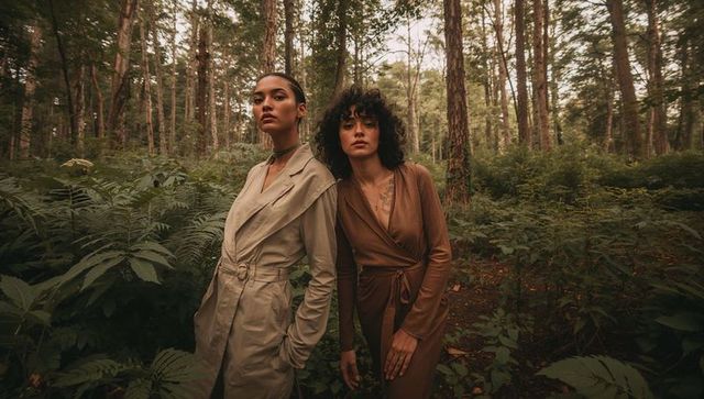 Models in Fashionable Attire Blending Amidst Woodland