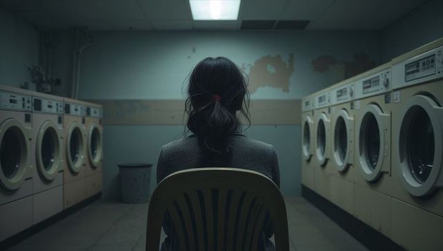 Solitary woman sitting in dim laundromat facing rows of washers under fluorescent light