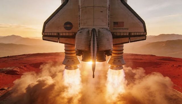 Spacecraft Launching on Red Planet Surface at Sunset with Thrusters Blasting Dust Plume