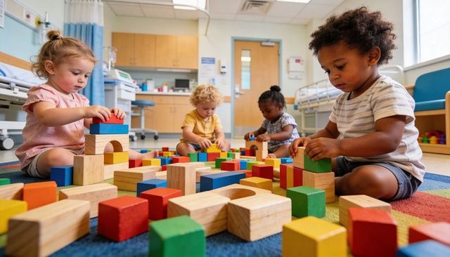 Four toddlers playing with colorful wooden blocks in pediatric clinic play area