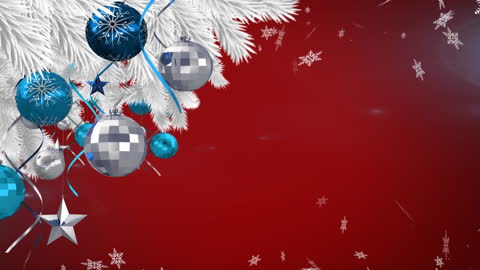 Festive Christmas Decorations with Falling Snow on Red Background