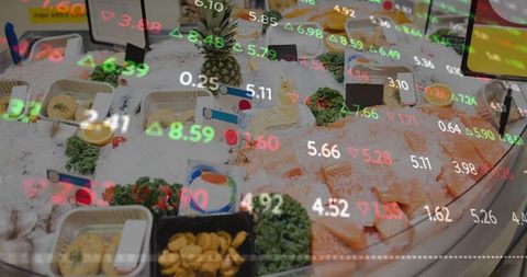 Seafood display with stock market overlay showing food price volatility and supply chain