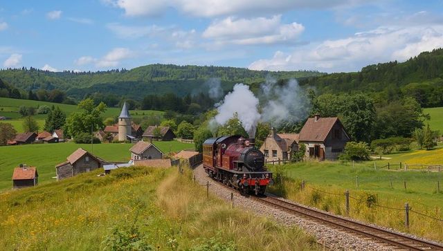 Maroon steam locomotive chugging through rolling green hills and past rustic village