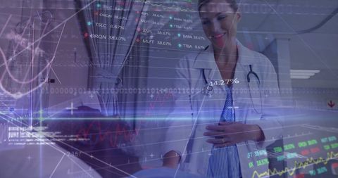 Doctor and patient with technology overlay on financial data