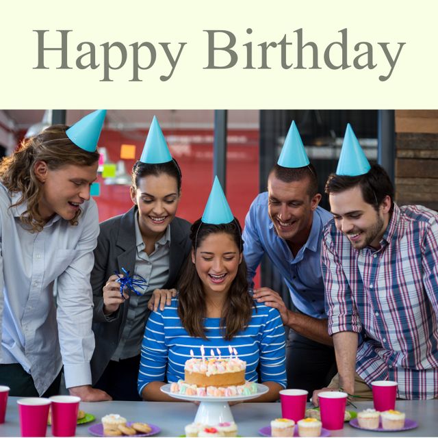 Group of friends joyfully celebrating at birthday party. Group wears party hats while admiring birthday cake with candles. Perfect for promoting social gatherings, festive events, birthday party planning, and friendships.