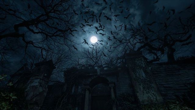 Gothic Graveyard Gate Under Full Moon with Bats and Vines