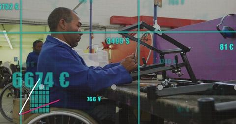 Senior man in wheelchair assembling metal frame at workshop bench with hud overlay