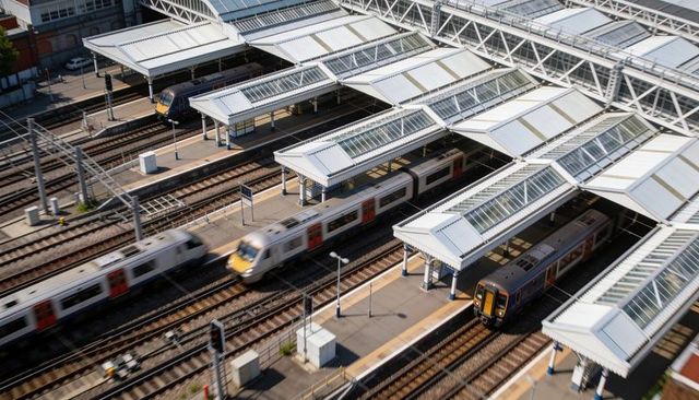 Moving commuter trains passing sunlit glass-canopy platforms at urban station