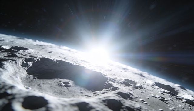 Sunrise illuminating cratered lunar surface and curved horizon with dramatic lens flares