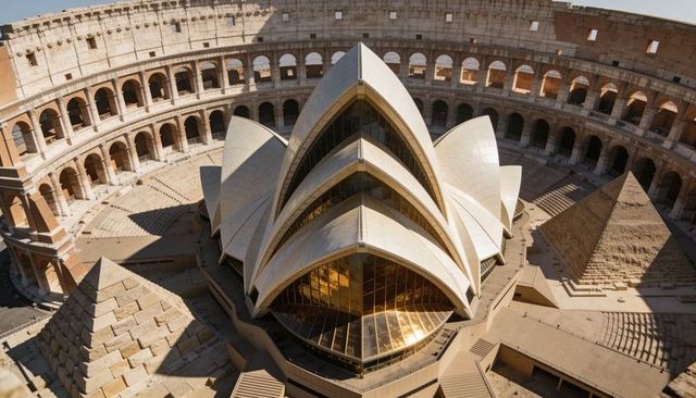 Futuristic opera shell nesting inside roman colosseum with glass pyramids and reflections