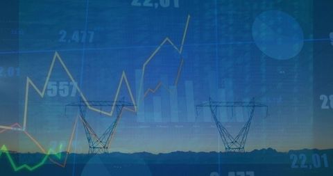 Power transmission and data visualization overlay at dusk