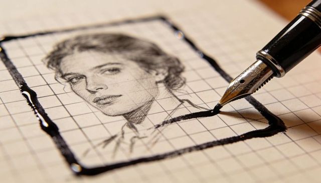 Fountain pen outlining portrait on grid paper with ink bleed and graphite detail macro closeup