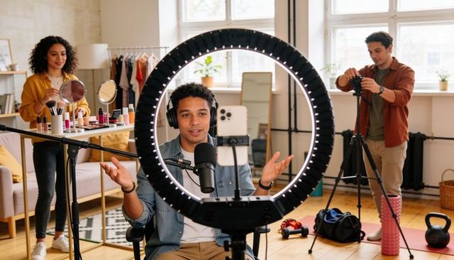 Creator team recording live podcast with ring light and makeup collaboration for creators