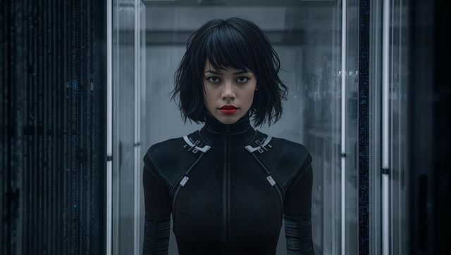 Standing asian woman wearing black tactical suit in futuristic glass corridor with leds