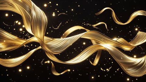 Abstract golden ribbons with glowing particles in digital space