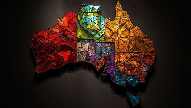 Vibrant stained glass mosaic map of australia in gallery