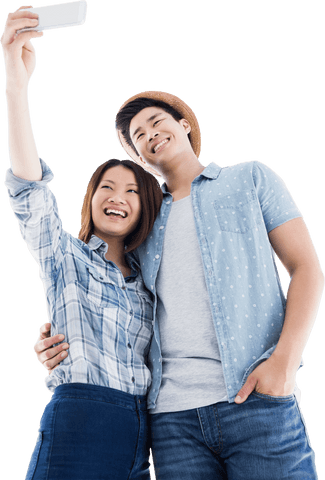 Smiling Couple Capturing Joyful Selfie with Smartphone, Transparent Background
