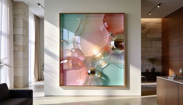 Framed abstract reflective bubble artwork featuring pastel spheres in sunlit modern foyer