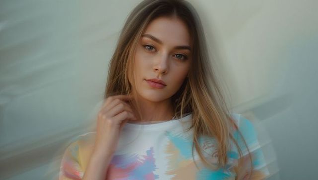 Elegant Female Model Showcasing Pastel Abstract T-Shirt Fashion