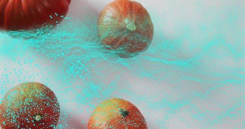 Oranges glowing amid teal particle mesh creating futuristic digital motion and texture