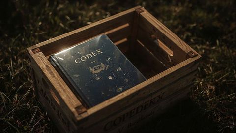 Vintage codex in wooden crate amidst grassy terrain