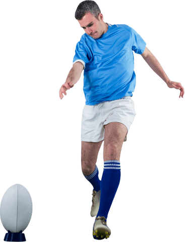 Transparent athlete kicking rugby ball isolated on white