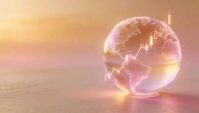 Glowing glass globe showing global market data and rising candlestick chart