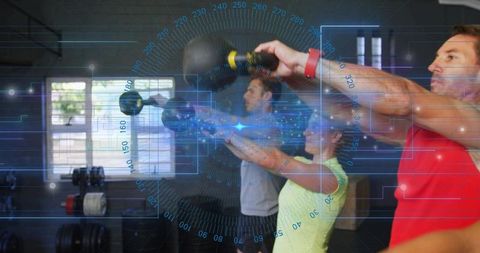 Futuristic gym group swinging kettlebells dynamic strength training with digital hud