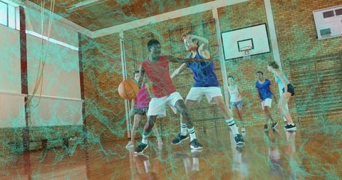 Teenage basketball game in gymnasium captures team spirit