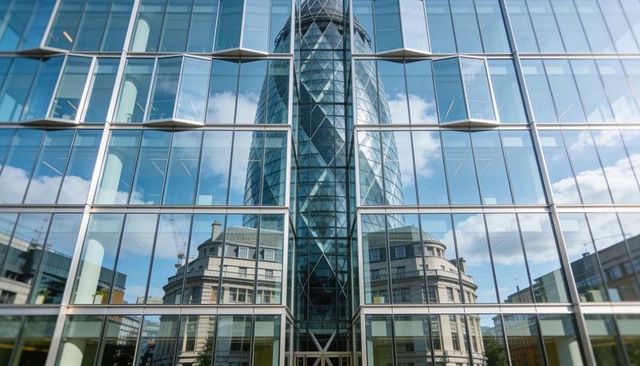 Reflecting glass facade showing diamond-shaped skyscraper reflection in modern city grid