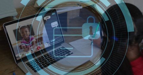 Remote learning privacy protecting student video chat with digital padlock HUD overlay