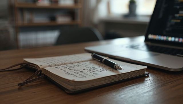 Sunlit leather journal resting with pen beside laptop on desk showcasing cursive pages