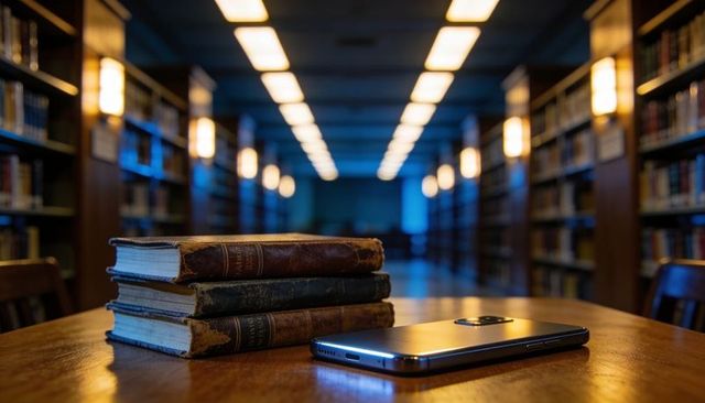 Vintage Leather Books and Smartphone on Library Table with Warm Ambient Lighting