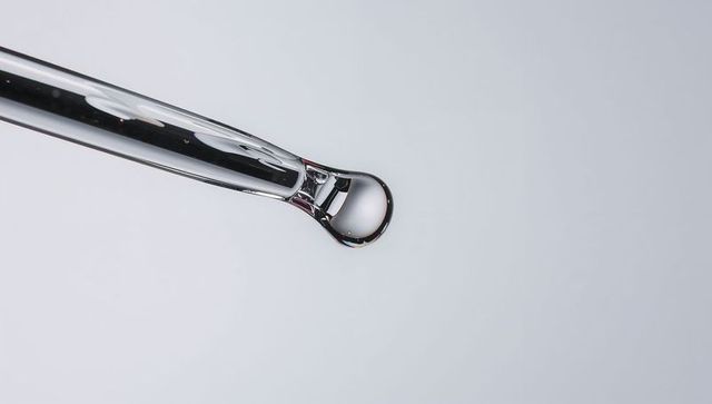 Glass pipette forming clear droplet with specular reflections on soft-gray background