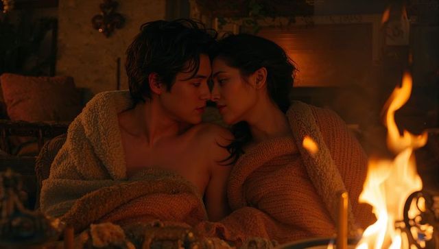 Couple cuddling beside fireplace epitomizing cozy intimacy