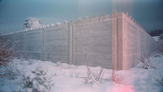 Concrete barrier with crenellations in winter landscape