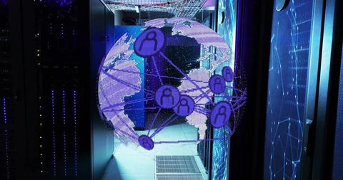 Futuristic Holographic Globe in Data Center Representing Global Network Connection