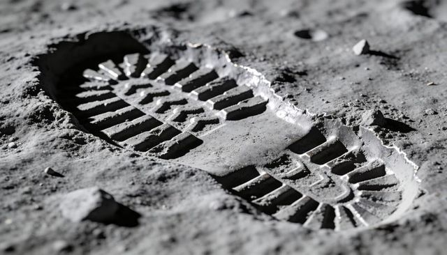 Boot tread leaving crisp footprint on barren dust surface closeup macro texture monochrome
