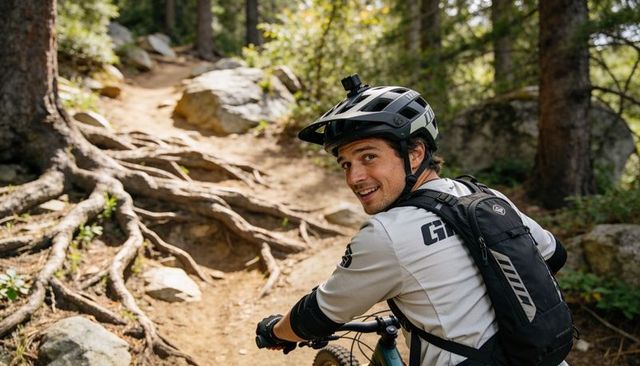 Mountain biker pausing on rugged forest singletrack looking back with helmet camera