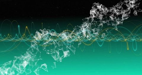 Futuristic mesh network with teal and yellow waveforms