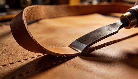 Leathercraft pricking iron pressing into leather strip with stitched seam macro closeup