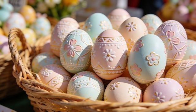 Pastel Embossed Easter Eggs Nestled in Wicker Basket with Floral Motifs and Gold Accents