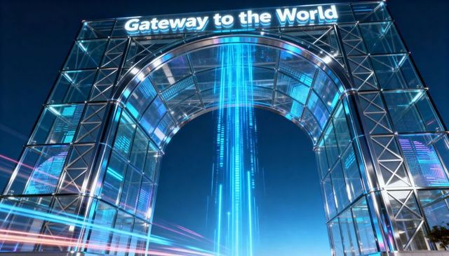 Glowing glass-metal gateway emitting vertical blue light beam over futuristic night plaza