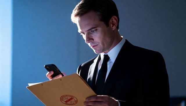 Corporate executive reviewing confidential folder while checking smartphone in dim office