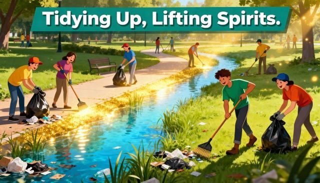 Volunteers cleaning park stream with rakes and trash bags, sunny community cleanup