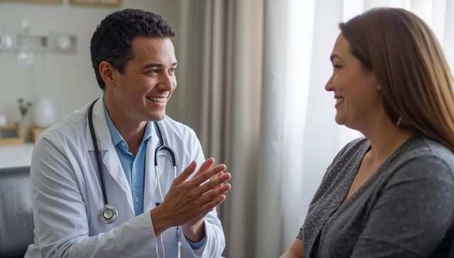 Smiling Male Doctor Consulting Female Patient in Clinic, Showing Empathy and Trust