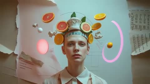 Surreal Fashion Portrait with Floating Citrus Fruit