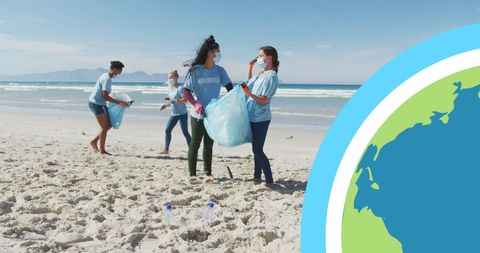 Diverse eco volunteers cleaning beach with masks and globe digital element