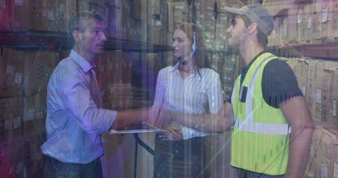 Warehouse Team Collaborating with Digital Strategy Overlay