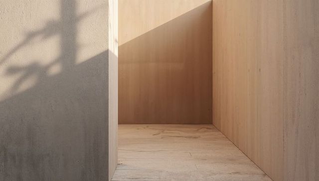 Minimal wood alcove with concrete wall, sunlit shadow geometry and clean timber paneling